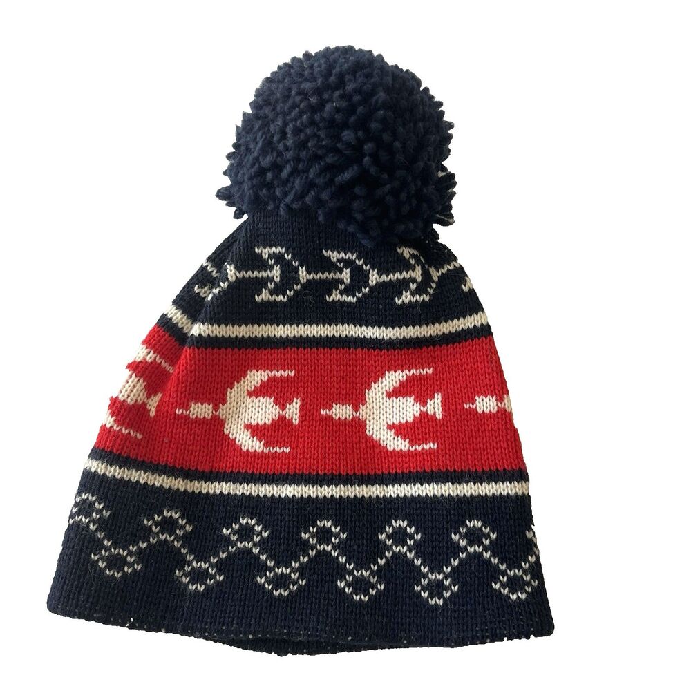 Vintage Smiley Pure Wool Nordic Ski Snow Hat Beanie Navy Pom Pom USA Sparks NV